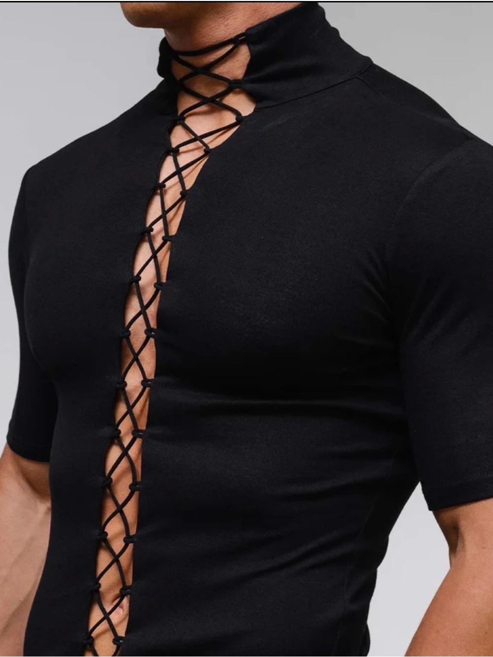 ORTTU Black Short-Sleeve Lace-Up Mock Neck Tee